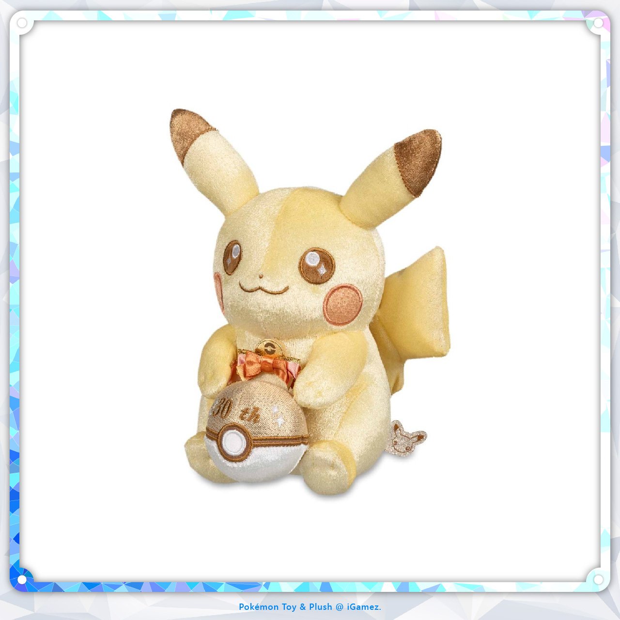 Celebrate 30 years of Pokémon with the Pikachu 30th Celebration Gold Plush. Featuring a special gold anniversary design, this collectible plush is a must-have for Pokémon fans and collectors.