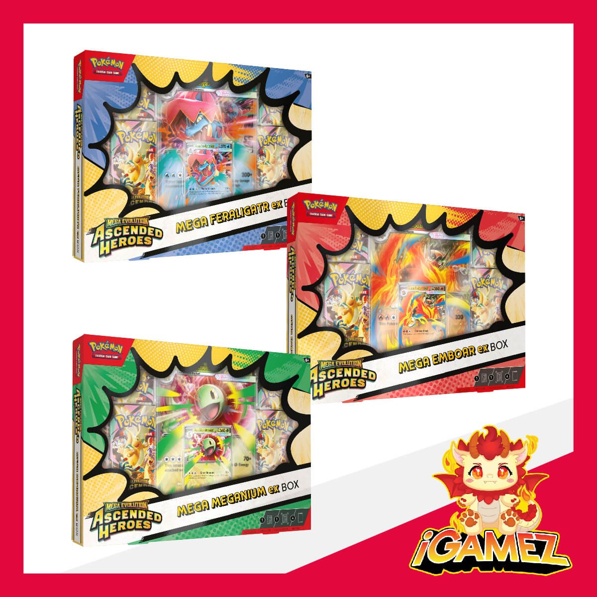 Get your Pokémon Ascended Heroes Mega ex Box (Mega Feraligatr ex Box, Mega Meganium ex Box & Mega Emboar ex Box) now at iGamez in Kulim. Shop authentic booster boxes, sleeve packs, and checklane blisters with fast nationwide shipping across Malaysia.